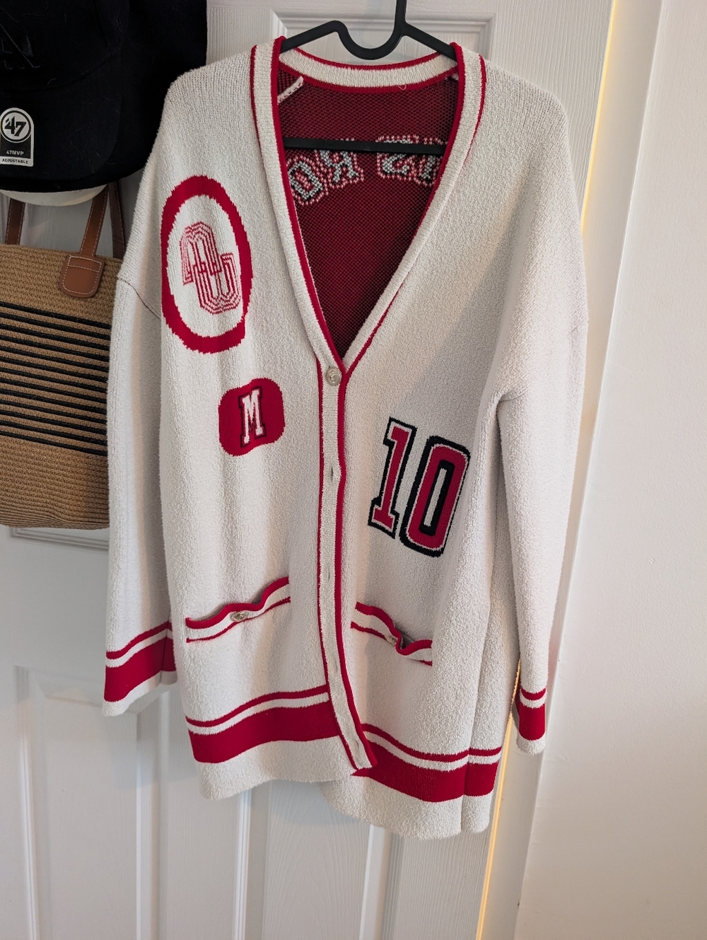 Maje Red and White Knit Jacket with Brushed Trim